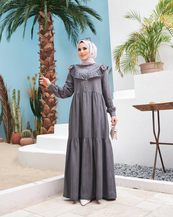 6594-Denim Fırfırlı Tensel Elbise Gri