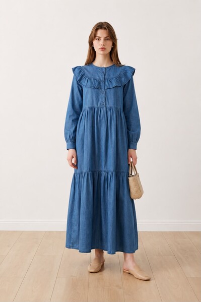 Neways - 6594-Denim Fırfırlı Tensel Elbise Koyu Mavi