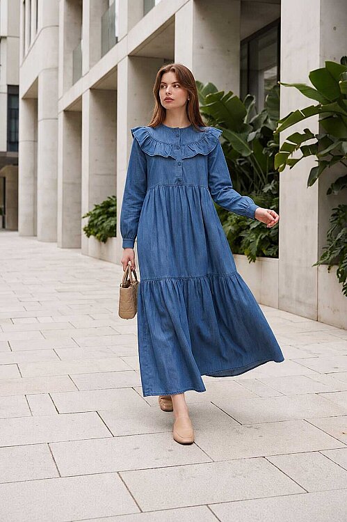 6594-Denim Fırfırlı Tensel Elbise Koyu Mavi - 2