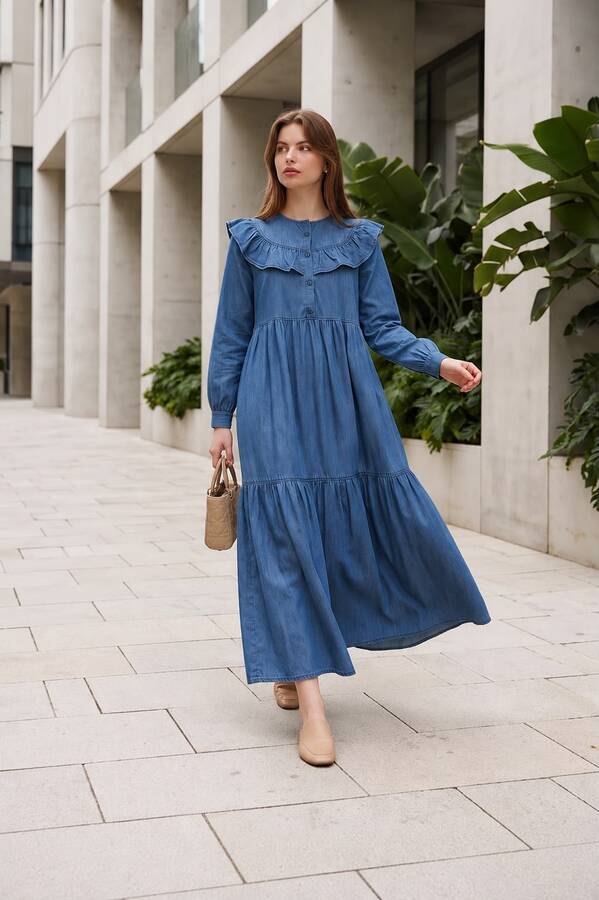6594-Denim Fırfırlı Tensel Elbise Koyu Mavi