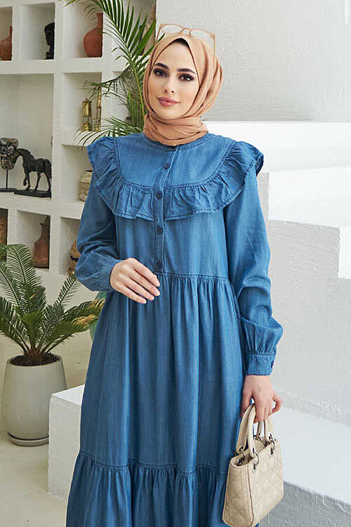 6594-Denim Fırfırlı Tensel Elbise Koyu Mavi - 5