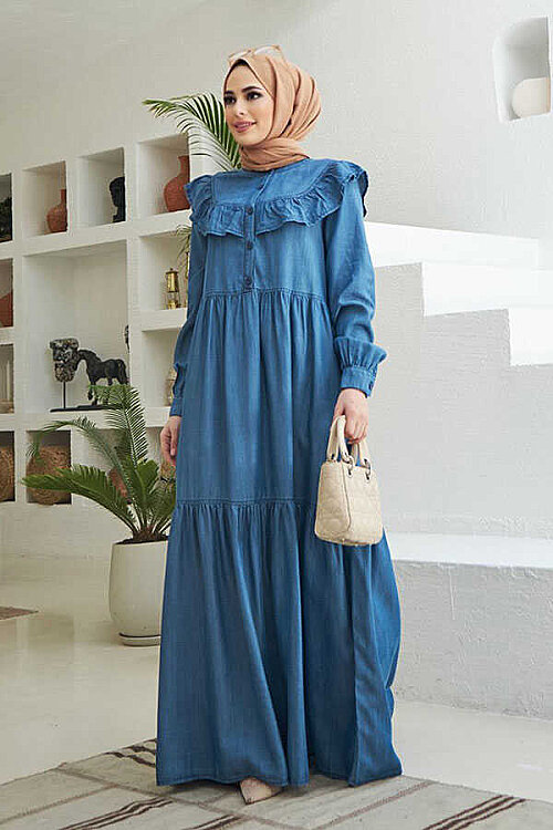 6594-Denim Fırfırlı Tensel Elbise Koyu Mavi - 6