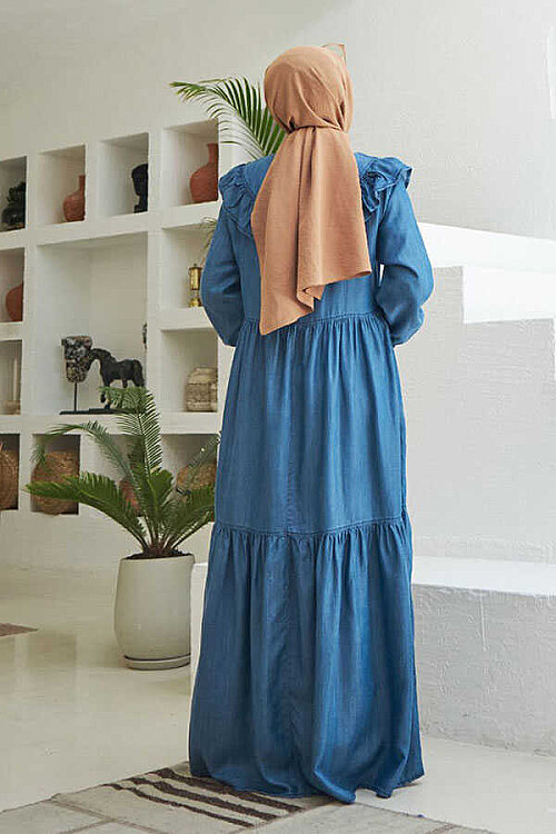 6594-Denim Fırfırlı Tensel Elbise Koyu Mavi - 7