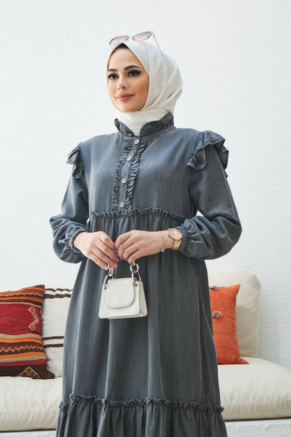 6595-Denim Fırfırlı Tensel Elbise Gri