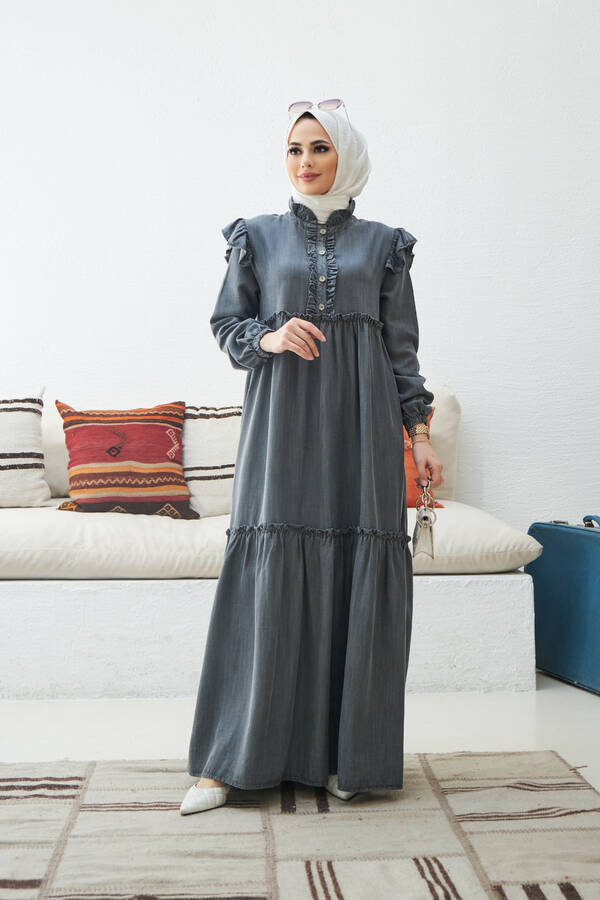 6595-Denim Fırfırlı Tensel Elbise Gri