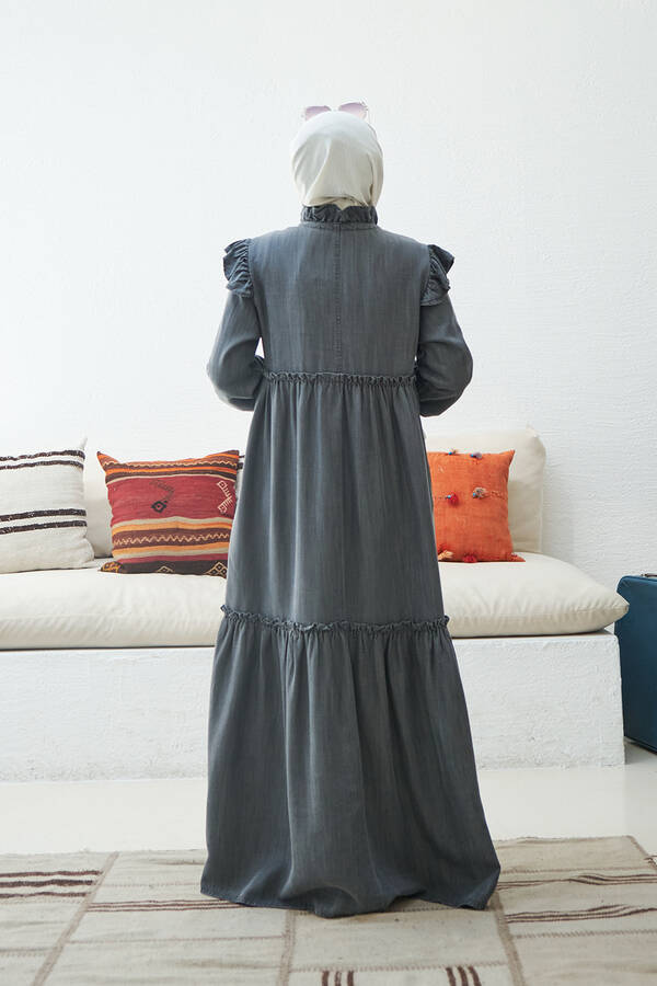 6595-Denim Fırfırlı Tensel Elbise Gri