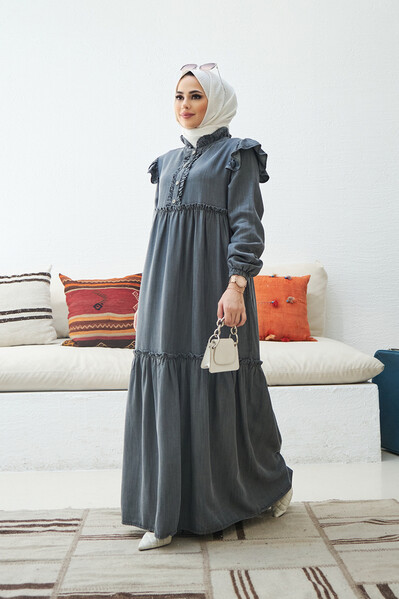Neways - 6595-Denim Fırfırlı Tensel Elbise Gri