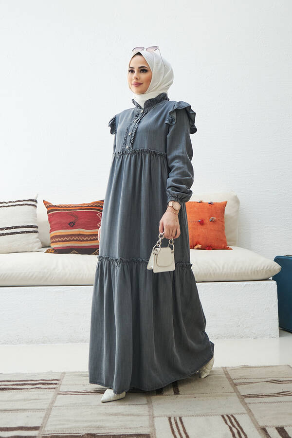 6595-Denim Fırfırlı Tensel Elbise Gri