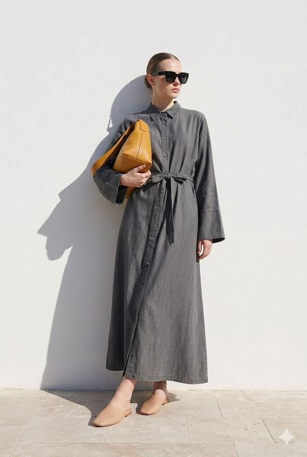 6596-Denim Düğmeli Süs Kuşaklı Abaya Gri