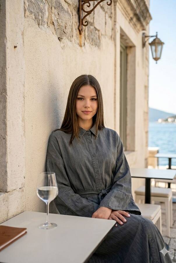 6596-Denim Düğmeli Süs Kuşaklı Abaya Gri