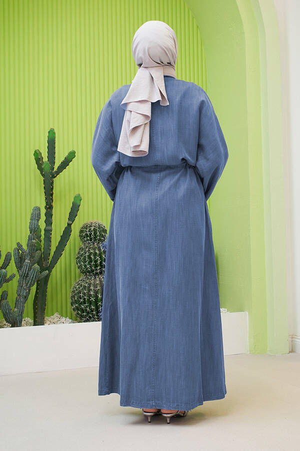 6596-Denim Düğmeli Süs Kuşaklı Abaya Koyu Mavi