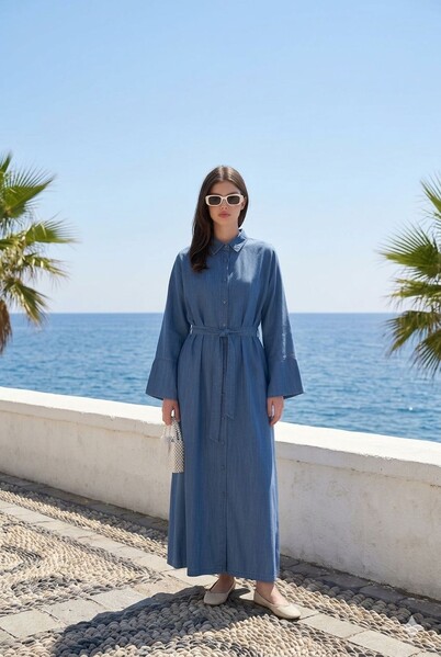 Neways - 6596-Denim Düğmeli Süs Kuşaklı Abaya Koyu Mavi