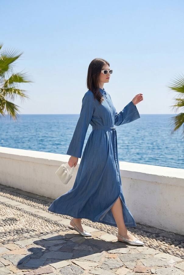 6596-Denim Düğmeli Süs Kuşaklı Abaya Koyu Mavi