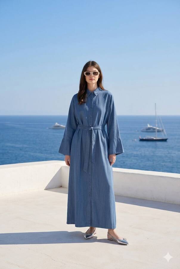 6596-Denim Düğmeli Süs Kuşaklı Abaya Koyu Mavi