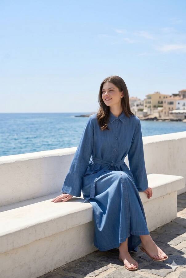 6596-Denim Düğmeli Süs Kuşaklı Abaya Koyu Mavi