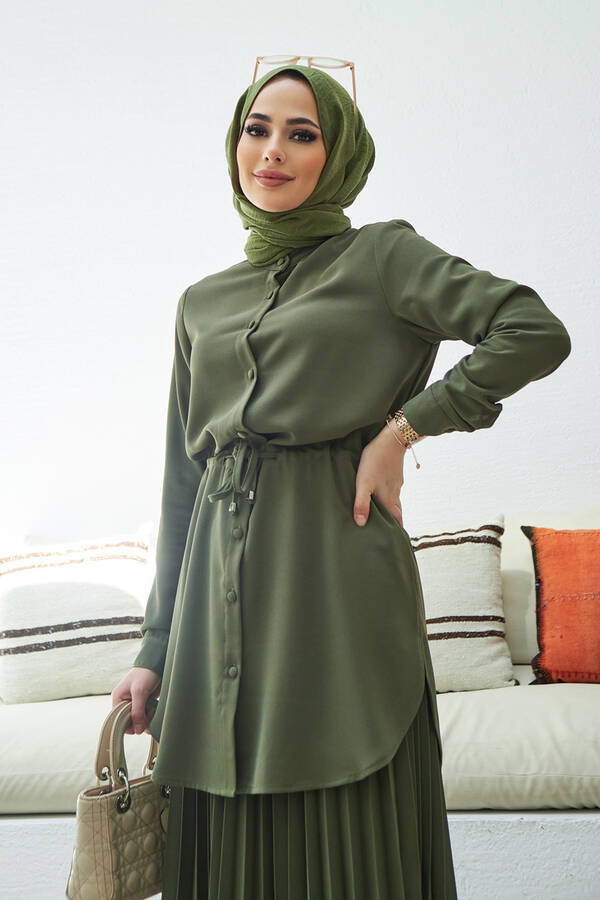 6597-Krep pliseli Takım Haki