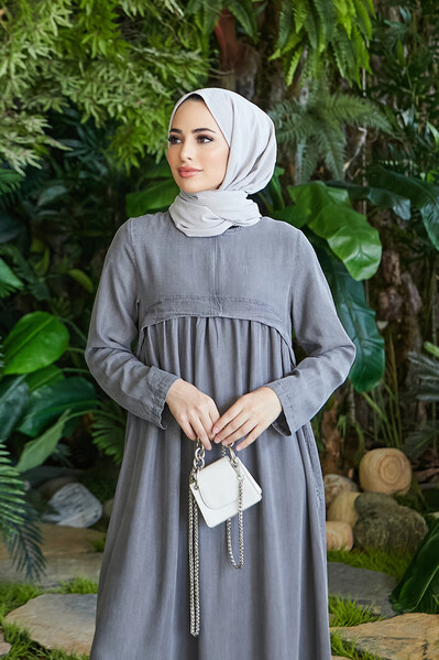 Neways - 6598-Denim Büzgülü Tensel Elbise Gri