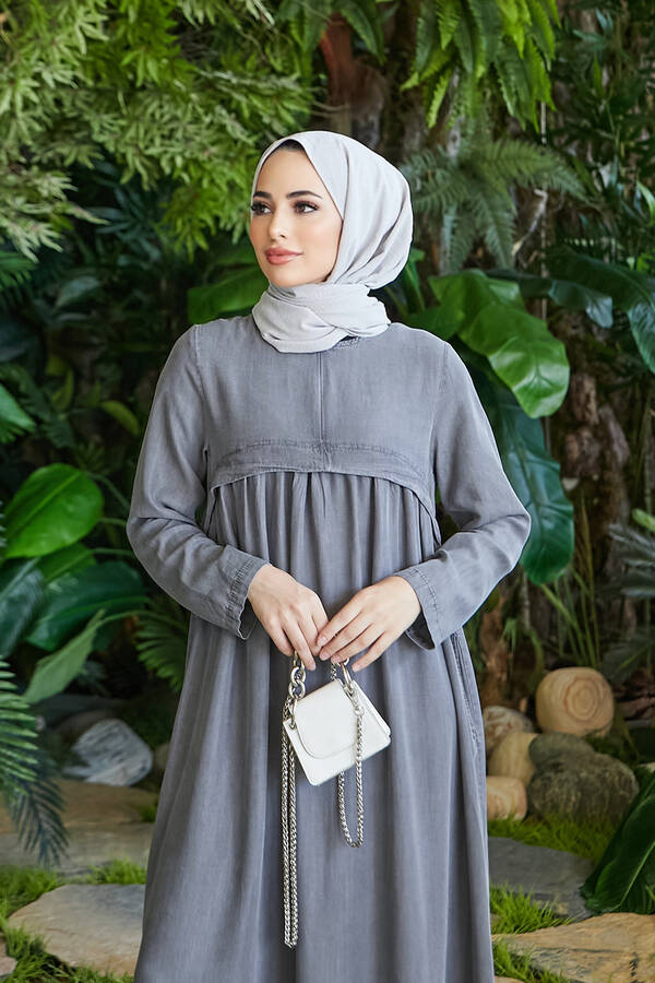 6598-Denim Büzgülü Tensel Elbise Gri