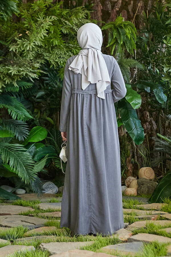 6598-Denim Büzgülü Tensel Elbise Gri