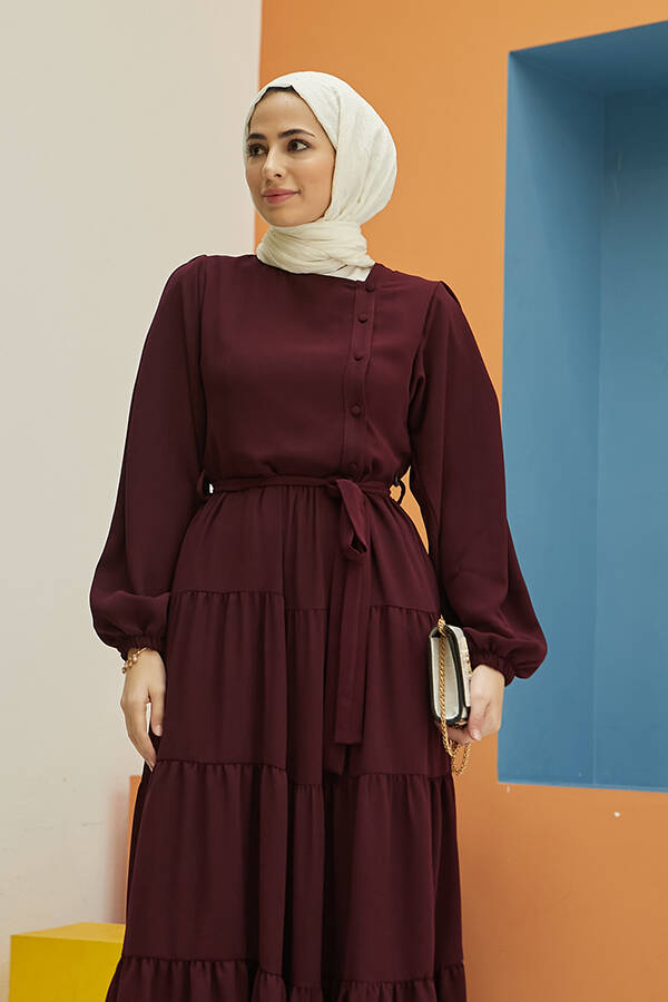 6599-Krep Fırfırlı Elbise Bordo