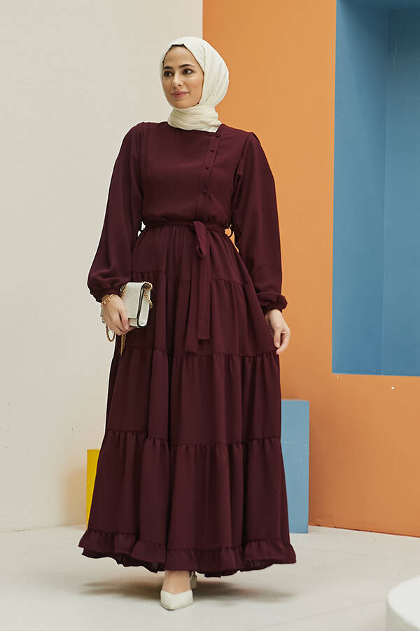 6599-Krep Fırfırlı Elbise Bordo