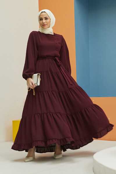 Neways - 6599-Krep Fırfırlı Elbise Bordo