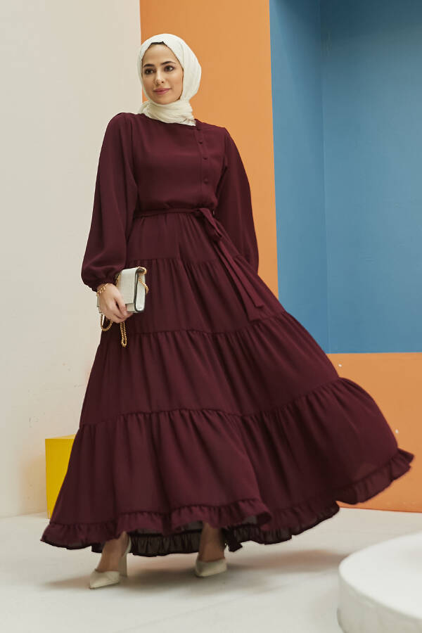 6599-Krep Fırfırlı Elbise Bordo