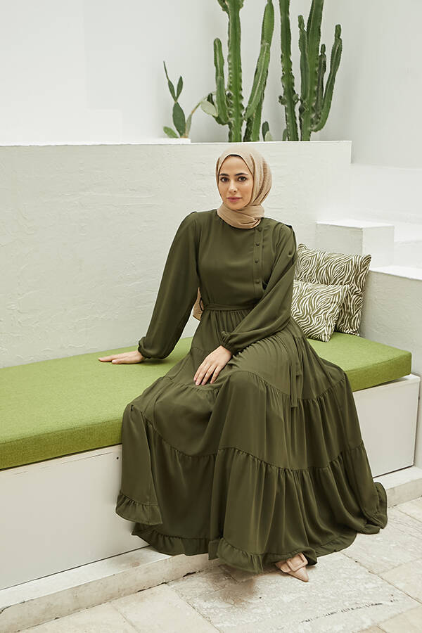 6599-Krep Fırfırlı Elbise Haki