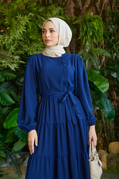 Neways - 6599-Krep Fırfırlı Elbise Lacivert