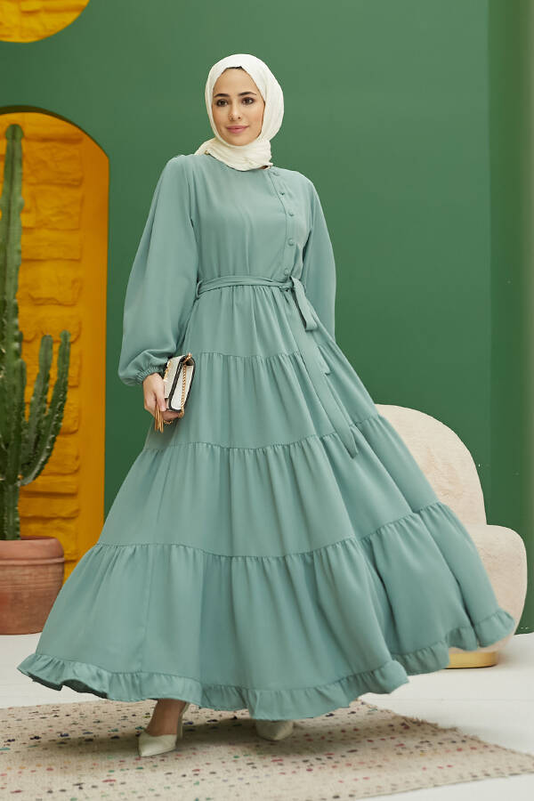6599-Krep Fırfırlı Elbise Mint Yeşili