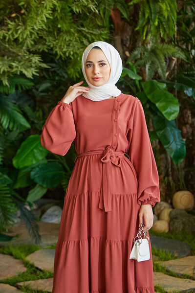 Neways - 6599-Krep Fırfırlı Elbise Taba