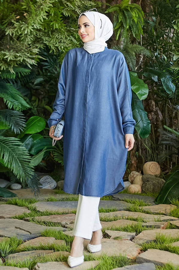 6600-Denim Standart Tunik Koyu Mavi