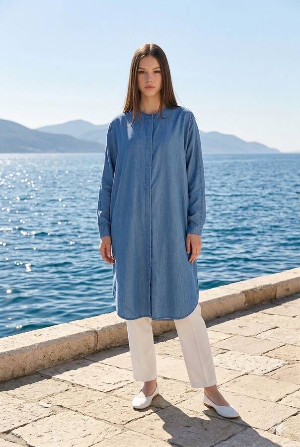 6600-Denim Standart Tunik Koyu Mavi