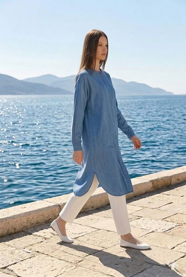 6600-Denim Standart Tunik Koyu Mavi