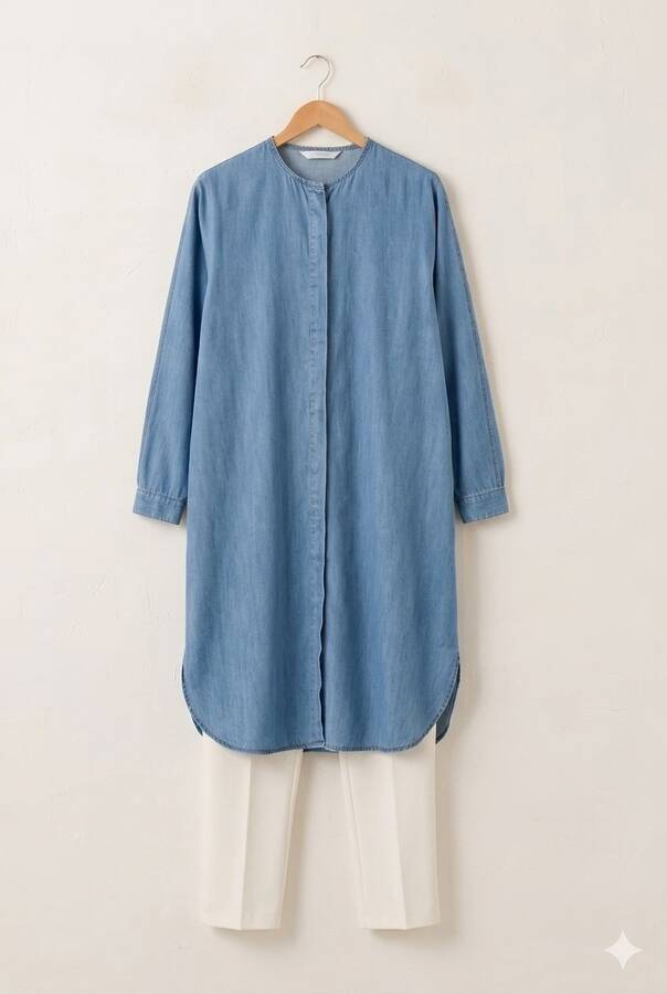 6600-Denim Standart Tunik Koyu Mavi