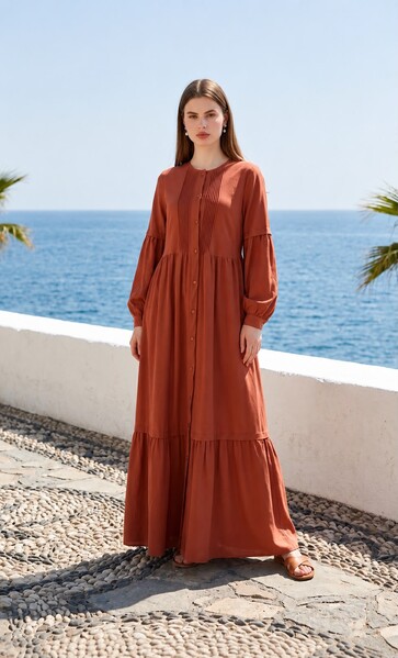 Neways - 6603-Ancelina Nervürlü Elbise Taba