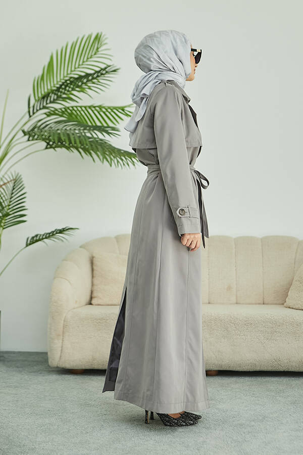 6604- Uzun TRENCH Trençkot Gri