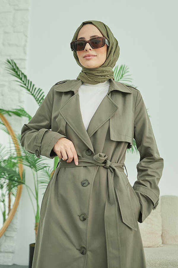 6604- Uzun TRENCH Trençkot Haki