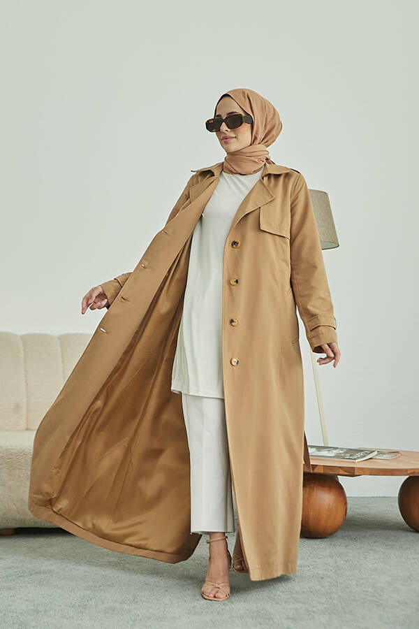6604- Uzun TRENCH Trençkot Koyu Bej
