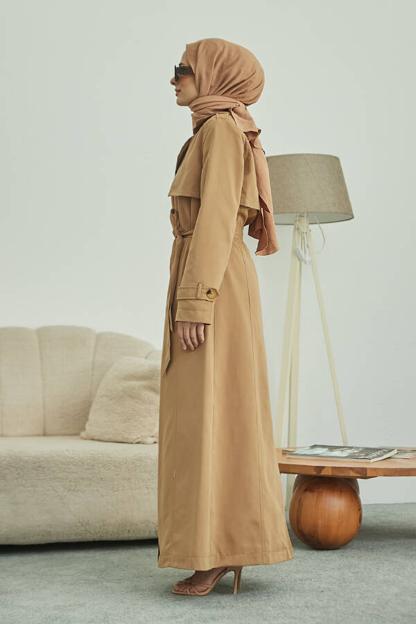 6604- Uzun TRENCH Trençkot Koyu Bej