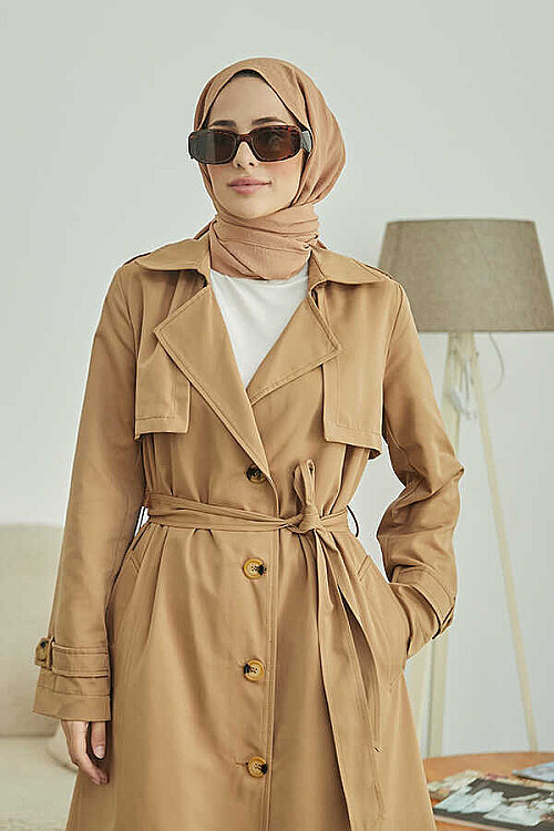 6604- Uzun TRENCH Trençkot Koyu Bej - 10