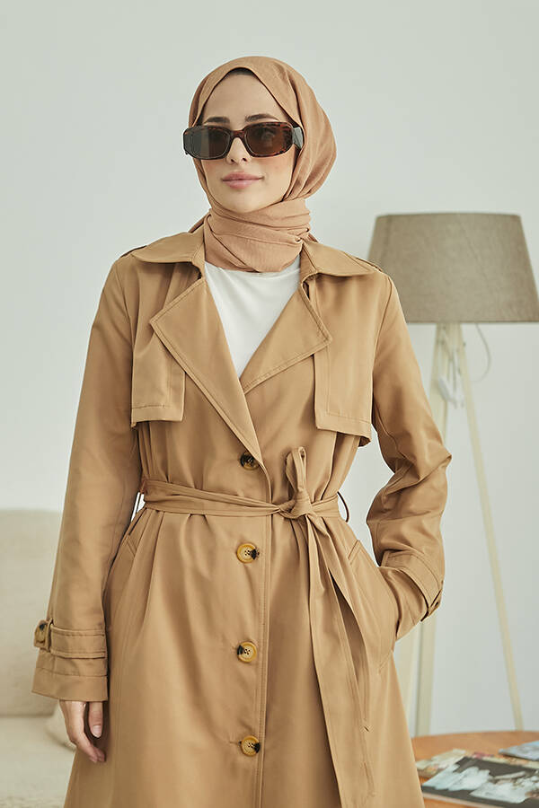 6604- Uzun TRENCH Trençkot Koyu Bej