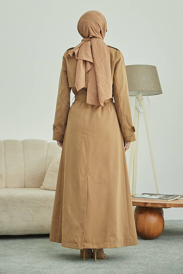 6604- Uzun TRENCH Trençkot Koyu Bej