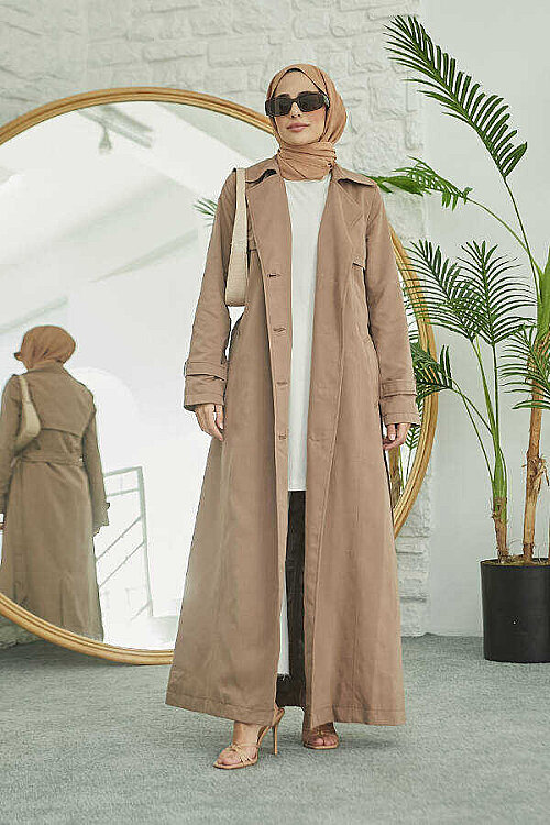 6604- Uzun TRENCH Trençkot Vizon - 6