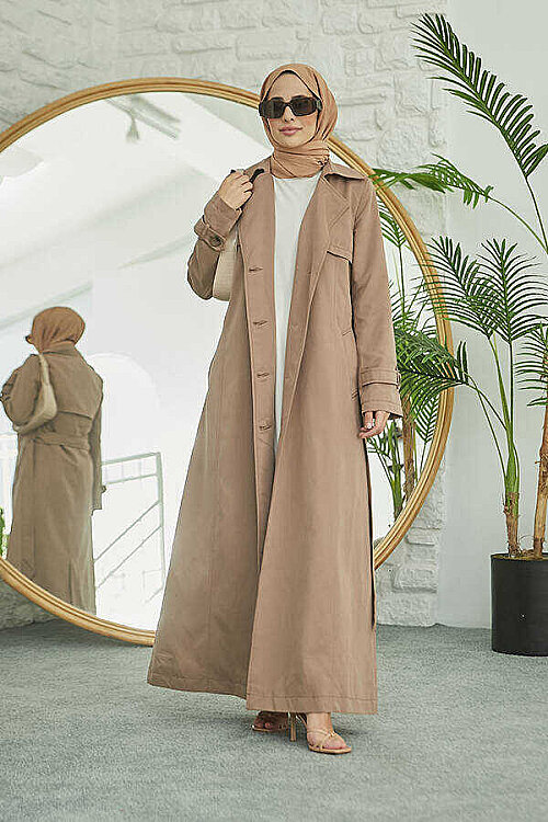 6604- Uzun TRENCH Trençkot Vizon - 7