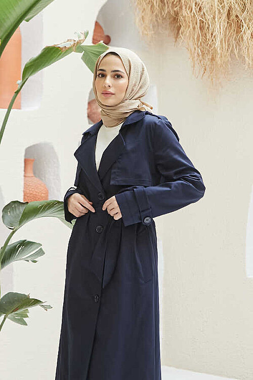 6604- Uzun Trençkot Lacivert - 9