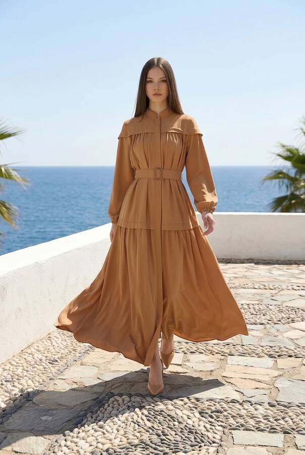 6605-Carla Büzgülü Kuşaklı Elbise Camel