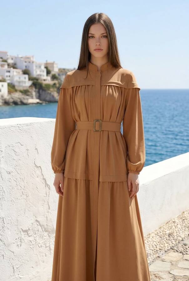 6605-Carla Büzgülü Kuşaklı Elbise Camel
