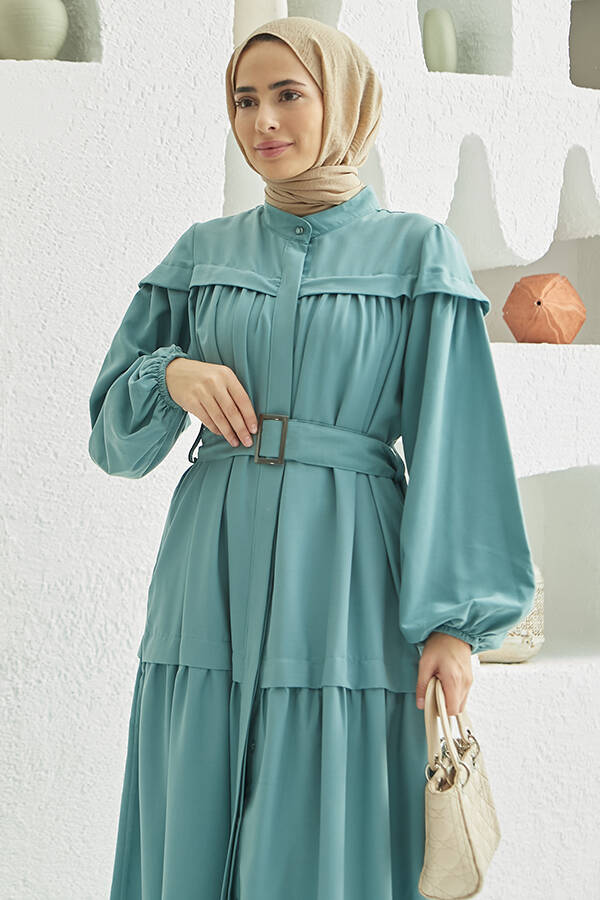 6605-Carla Büzgülü Kuşaklı Elbise Mint Yeşili