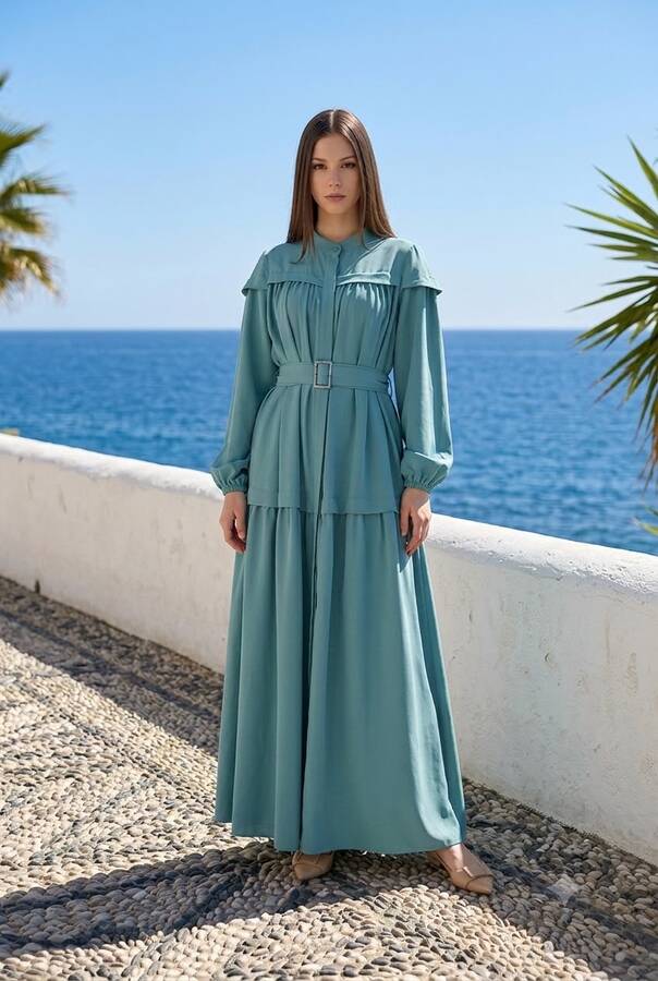 6605-Carla Büzgülü Kuşaklı Elbise Mint Yeşili